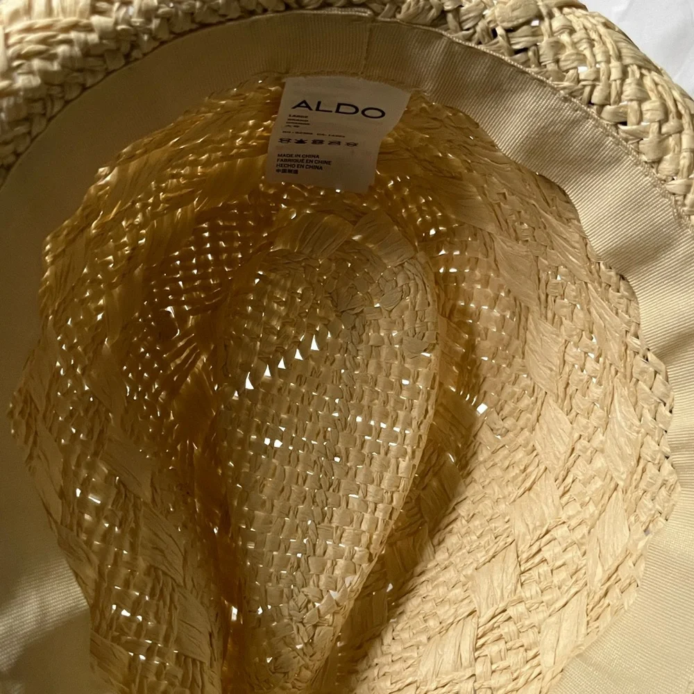 ALDO Paper Straw Fedora Hat Large Black Ribbon Lightweight Summer Sun Hat